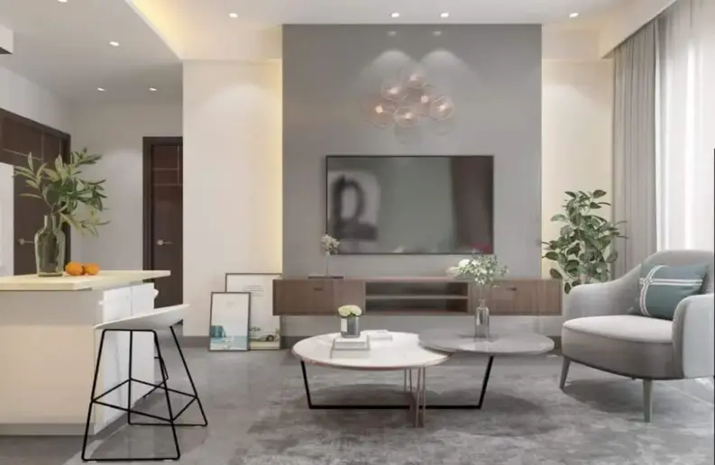 Living room designed asymmetrically.