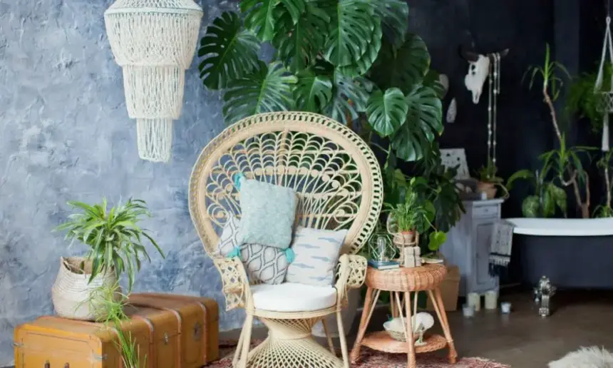 Peacock chair in loft room.