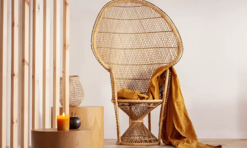 Peacock chair in elegant living room interior.