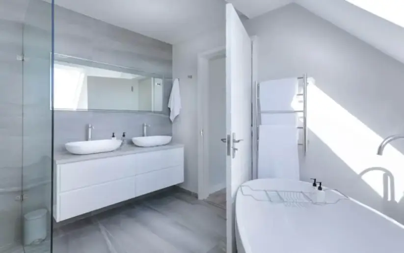 Bathroom with white painted ceiling.