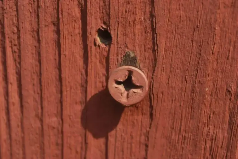 A screw hole in the wood.