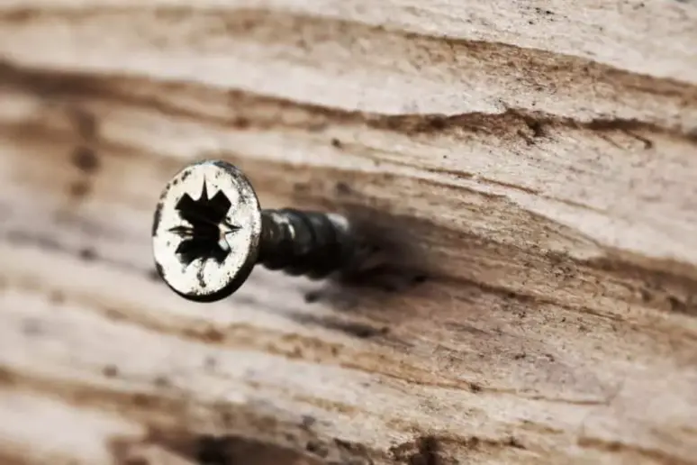 A screw in the wood.
