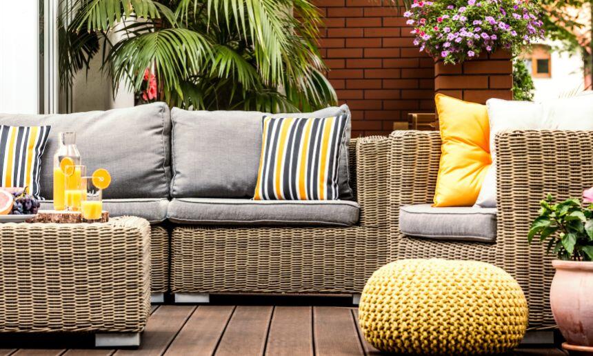 Yellow pouf on terrace.