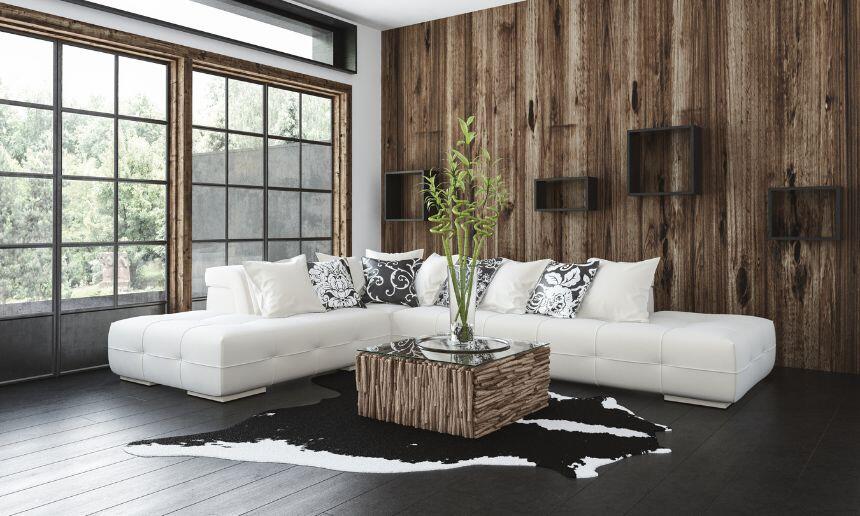 Living room with wood paneling.